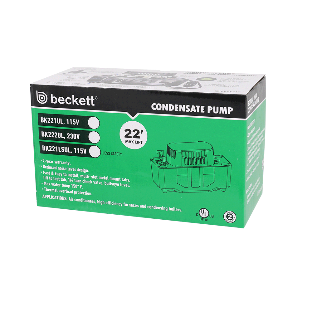 Beckett BK222UL 230V Medium Condensate Pump with Safety Switch, 22ft