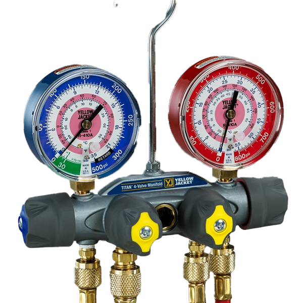 Yellow Jacket 49963 Titan 4-Valve Test and Charging Manifold, No Hose