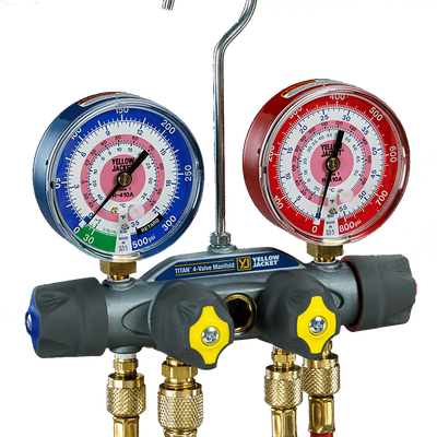 Yellow Jacket 49987 Titan 4-Valve Mechanical Gauge Set with Hose